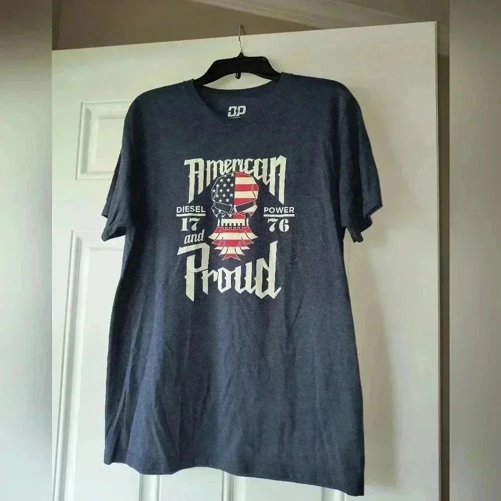 Diesel Power Gear Mens Blue Graphic Logo American Flag Proud Skull Tshirt Large